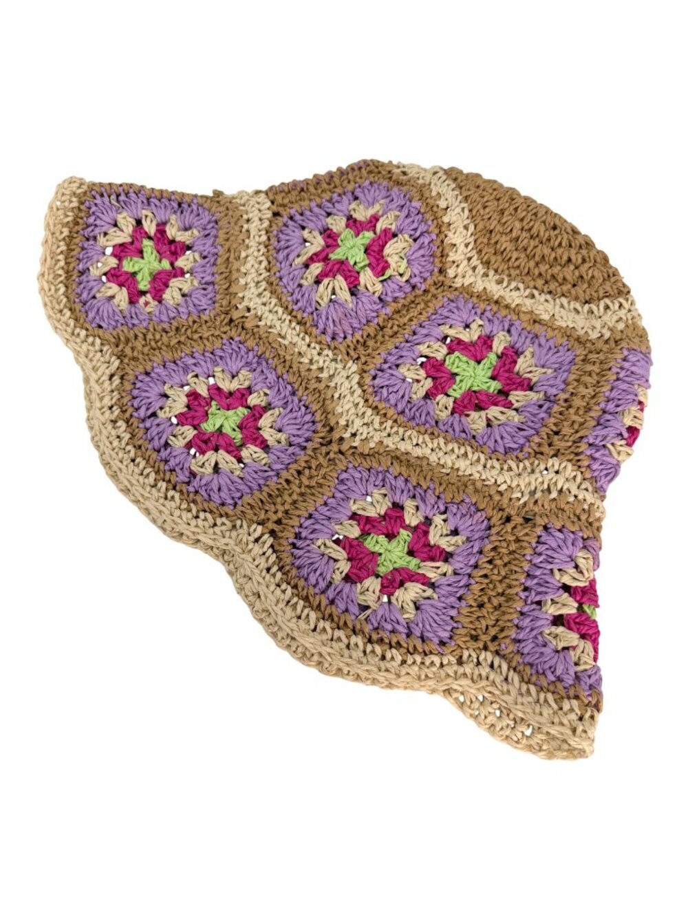 Vintage Crochet Straw Bucket Hat Granny Square‎ Pastel Boho 1990s